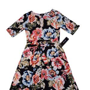 MSK Womens Size Small Dress Midi Black Floral Keyhole 3/4 Sleeve With Sash